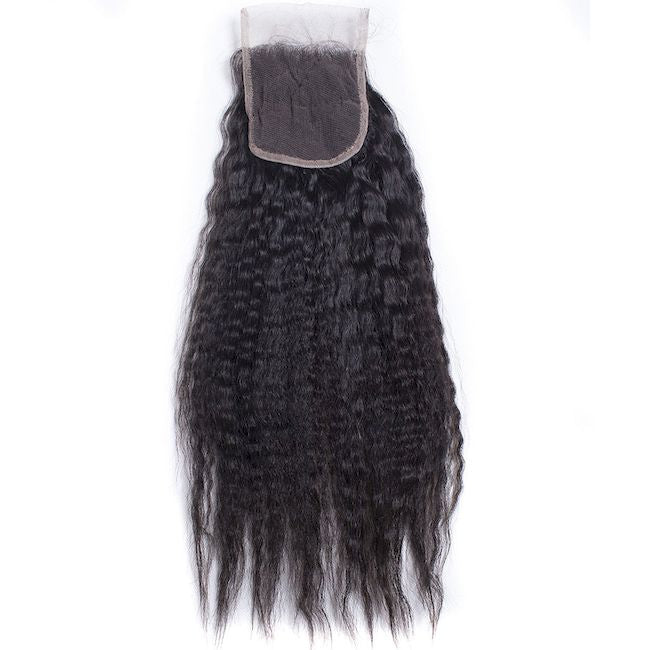 Perruque frontale crépue lisse et fermeture en dentelle transparente HD avec petits nœuds, 100 % cheveux bruts 