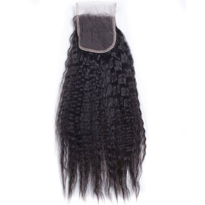Perruque frontale crépue lisse et fermeture en dentelle transparente HD avec petits nœuds, 100 % cheveux bruts 
