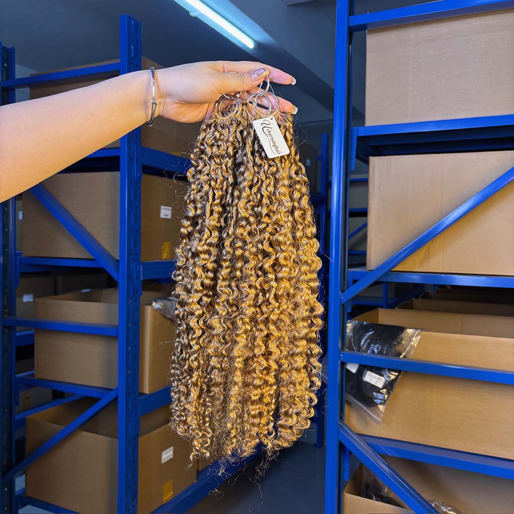 #27 Honey Blonde Pixie Curly crochet raw hair — full product view