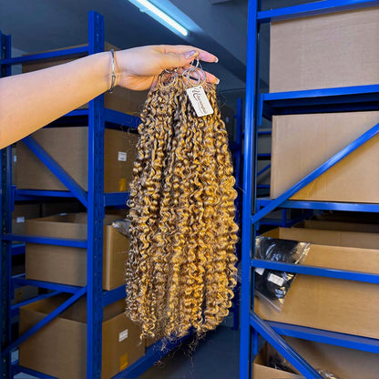 #27 Honey Blonde Pixie Curly crochet raw hair — full product view
